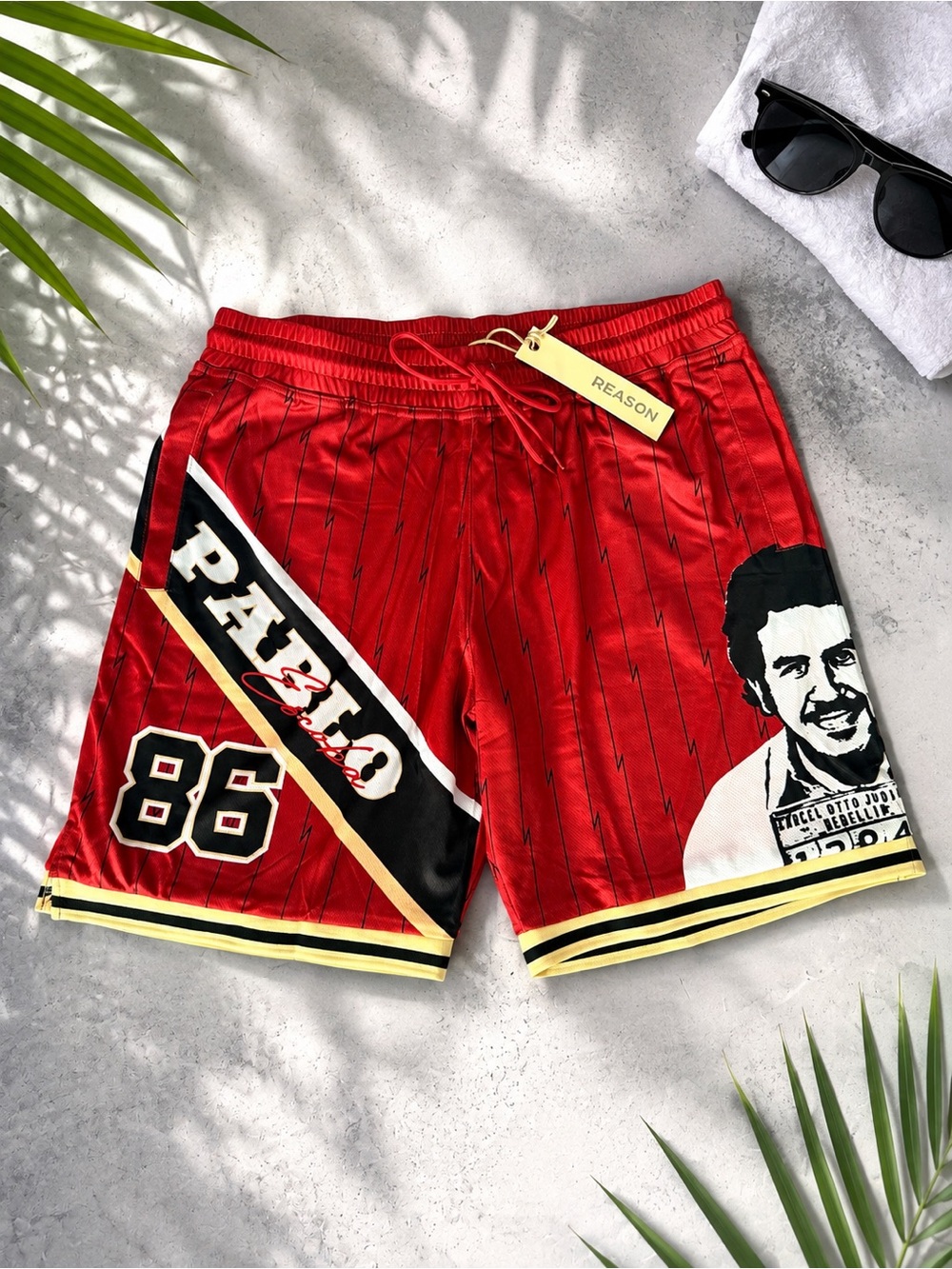 Reason Red Pablo Graphic Basketball Shorts with Black & Yellow Accents